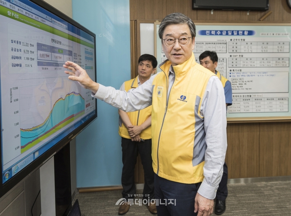 신정식 한국남부발전 사장이 전력수급 비상상황실을 방문해 대응체계를 점검하고 있다.
