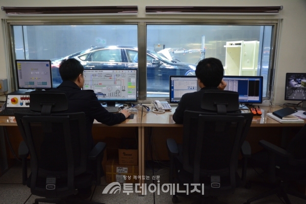 한국에너지공단 자동차연비센터에서 시험원이 자동차의 연비 및 온실가스 측정시험을 수행하고 있다.