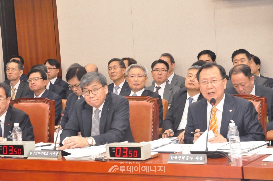 김종갑 한국전력공사 사장(우)이 16일 열린 국정감사에서 의원들의 질의에 답하고 있다.