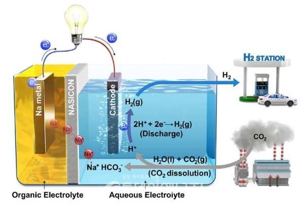 하이브리드 나트륨-이산화탄소 시스템에서 반응이 일어나는 과정 모식도.