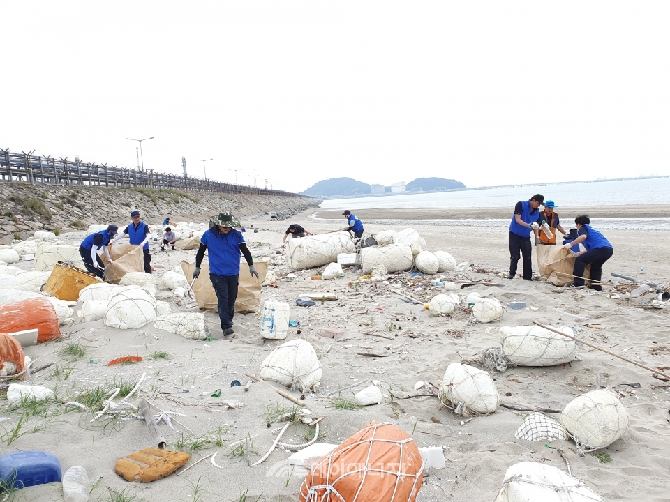 해양환경공단 대산지사 및 업계 관계자들이 해안가 쓰레기를 수거하고 있다.