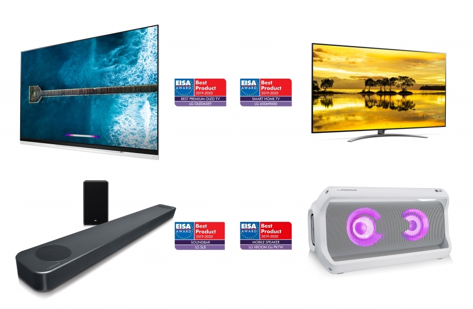 ‘EISA 어워드를 수상한 'LG 올레드 TV', 'LG 나노셀 TV', 'LG 엑스붐 고' 포터블 스피커, 'LG사운드 바' 제품(좌 상단부터 시계방향 순).