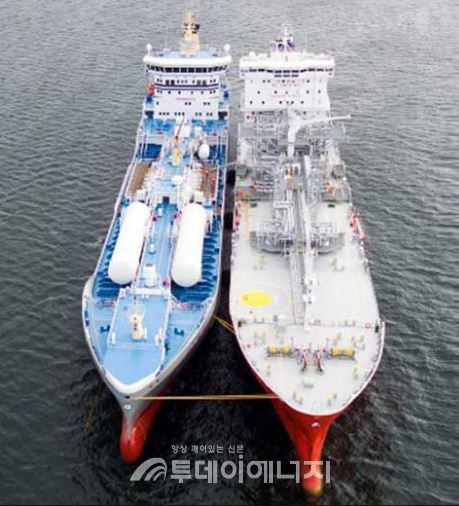 Ship to Ship 방식으로 LNG급유를 하고 있다.