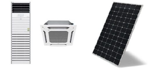 에너지 대상을 수상한 LG전자 상업용 싱글 냉난방기(좌)와 출력 양면 발전 태양광 모듈.