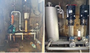 해풍 및 바닷물로 인해 부식된 기존 급수 펌프(좌)가 최신 그런포스 CRN펌프로 교체됐다.