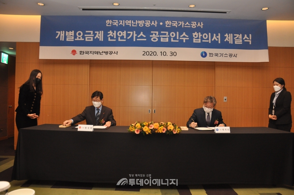 채희봉 한국가스공사 사장(우)과 황창화 한국지역난방공사 사장이 협약서에 서명하고 있다.