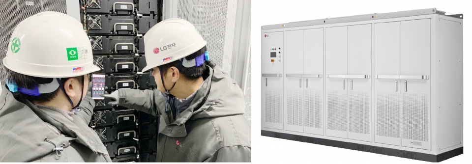 LG전자 직원들이 전남 신안군 안좌스마트팜앤쏠라시티에 구축한 에너지저장장치(ESS; Energy Storage System)의 동작상황을 스마트폰을 통해 확인하고 있다(좌). 안좌스마트팜앤쏠라시티 ESS에 탑재된 LG전자 전력변환장치(PCS; Power Conditioning System) 제품사진(우).