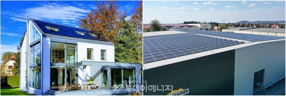 독일 바이에른주 주택에 설치된 한화큐셀 태양광 모듈(좌)과 상업용 태양광 솔루션인 큐플랫이 설치된 독일공장 지붕.