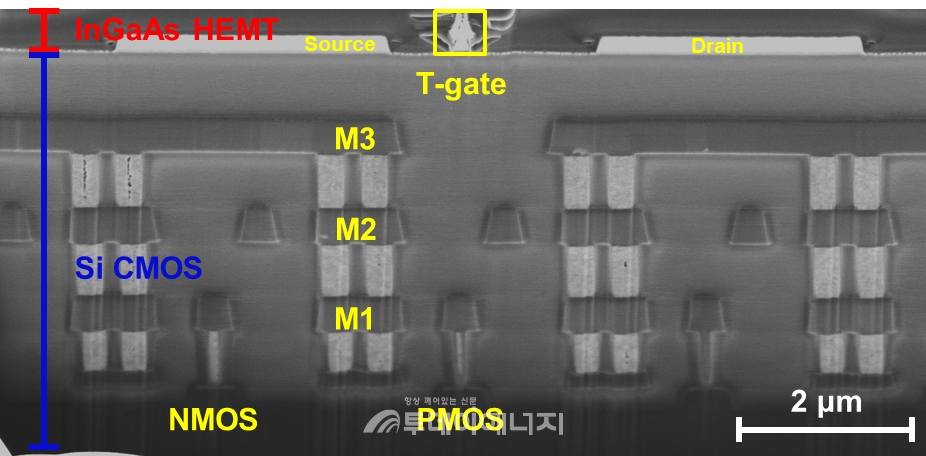 이번 연구에서 제작한 Si CMOS기판상 InGaAs HEMT 단면 주사현미경 이미지.