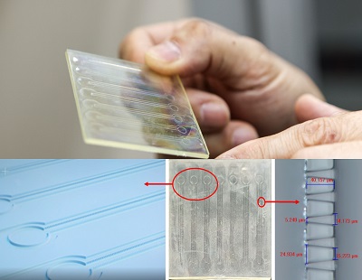 유영은 한국기계연구원 책임연구원 연구팀 및 연구소 기업 (주)네오나노텍에서 개발한 리포솜 대량 제조를 위한 미세유로 칩.