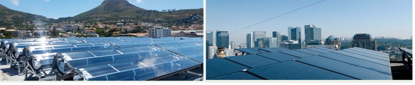 남아공 케이프타운 힐튼호텔 집광형 PVT모듈 설치 모습(좌)과 브라질 상파울로 호텔 PVT 온수공급시스템 모습.