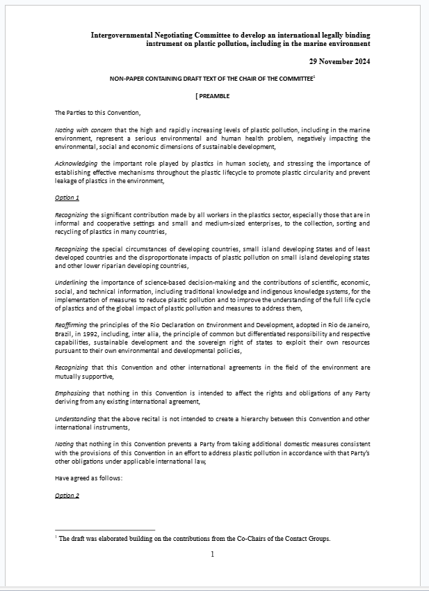 제5차 정부간 협상위원회(INC-5)에서 29일 새로운 논 페이퍼(non-paper)가 공개됐다./그린피스 제공