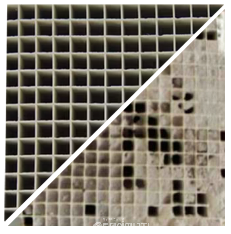 허니컴형 SCR 촉매의 피폭 전(왼쪽)과 피폭 후(오른쪽)의 비교 사진. /경민워터컴 제공