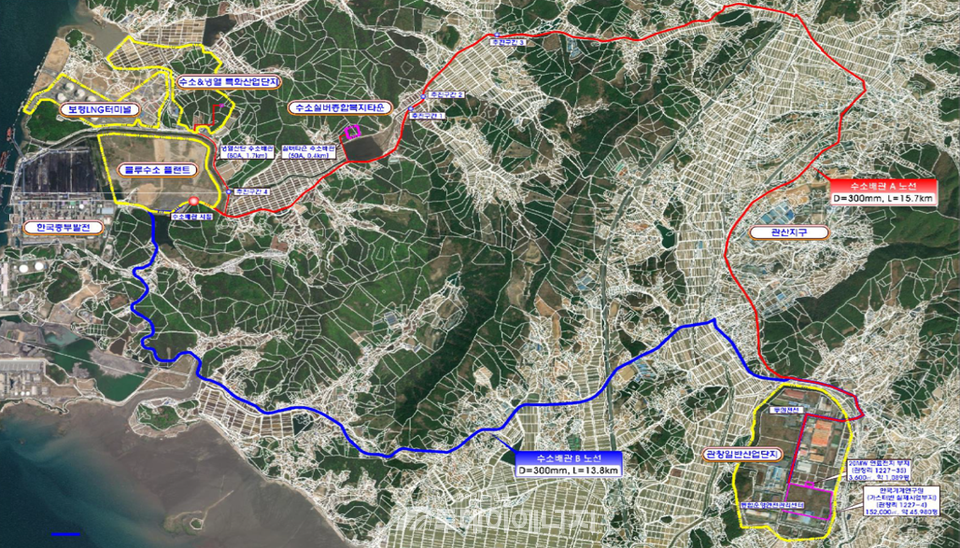 한국가스기술공사가 수소도시와 연계하여 지자체로부터 위탁받아 건설중인 보령시의 수소 배관 예상 노선도. 현재 상세설계를 진행하고 있다. /한국가스기술공사 제공