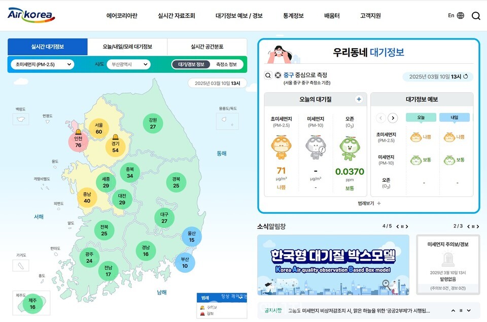 전국 실시간 대기환경정보 공개 에어코리아 홈페이지 화면