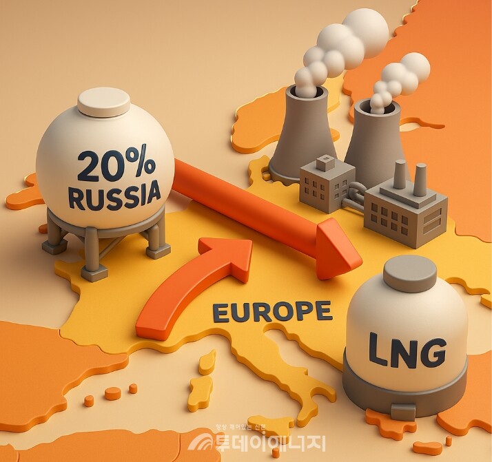 LNG와 배관가스를 합쳐 러시아는 미국과 함께 유럽 가스 수입의 핵심국으로 남아 있으며, 가격 급등의 트리거로 작용하는 지정학 리스크는 여전히 현재진행형이다. /이미지 편집