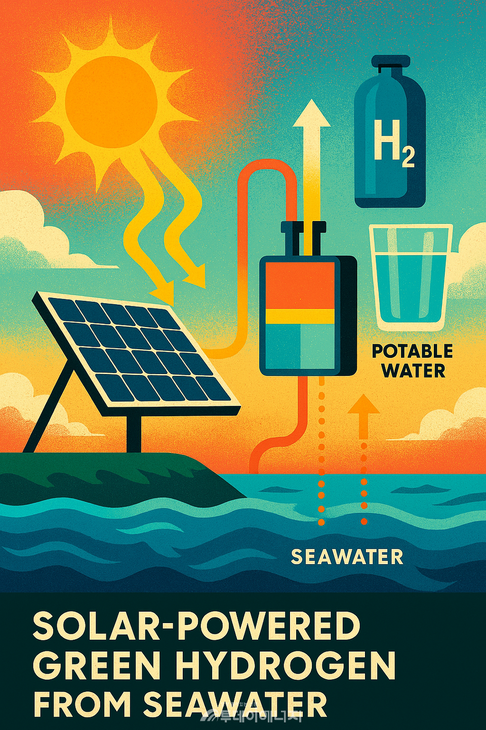 태양광 기반 해수 증류 및 전기분해 하이브리드 시스템 개요/ai 이미지 편집
