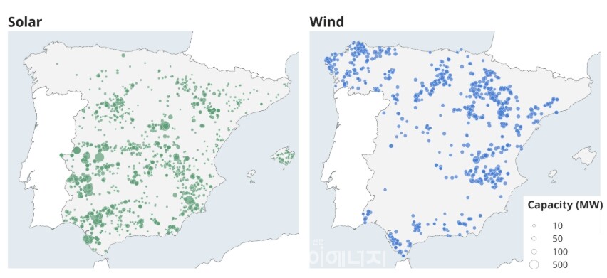 스페인 태양광·풍력 분포도/글로벌에너지포럼 제공