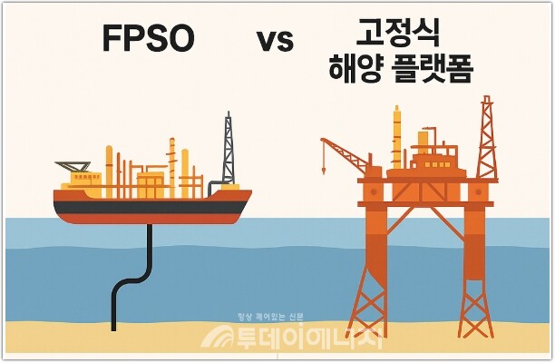 FPSO vs 고정식 해양 플랫폼 비교 도해