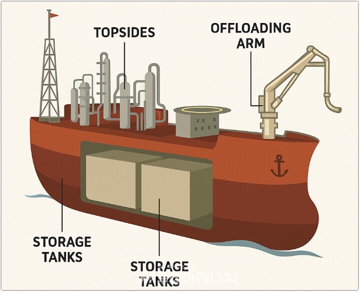 FPSO 구성요소 도해 (탑 사이드·저장탱크·하역암 등)
