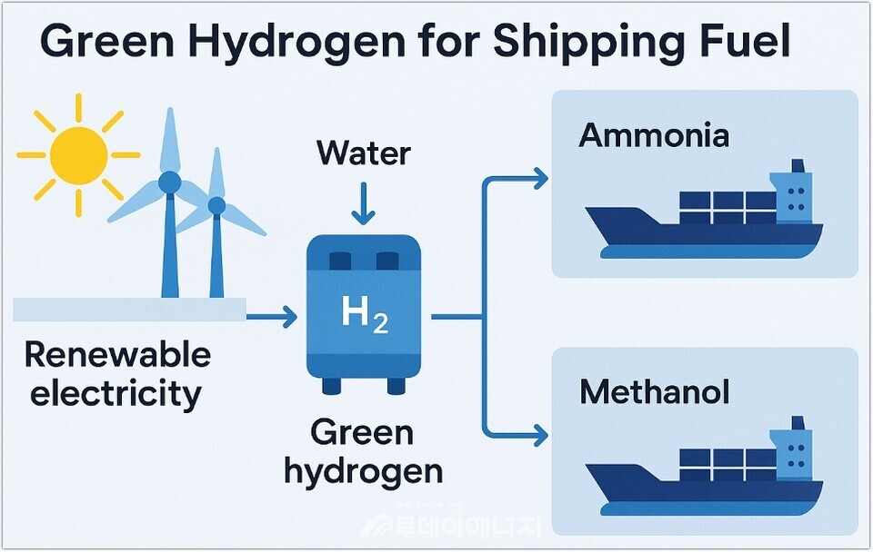 그린 수소 해운 연료화 과정 (암모니아·메탄올 전환 경로 포함)