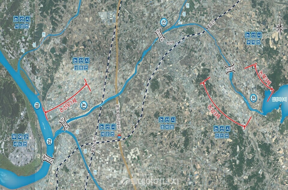 작년 장마기간 제방 피해를 입은 논산천 수해복구 구간 위치도. / 금강유역환경청 제공