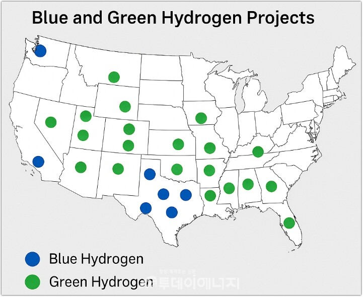 미국 내 블루수소 vs 그린수소 프로젝트 분포 지도
