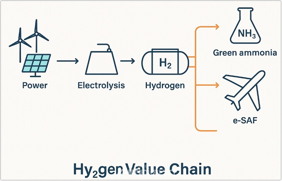 Hy2gen 밸류체인 구조도 (전력→수전해→수소→암모니아·e-SAF)