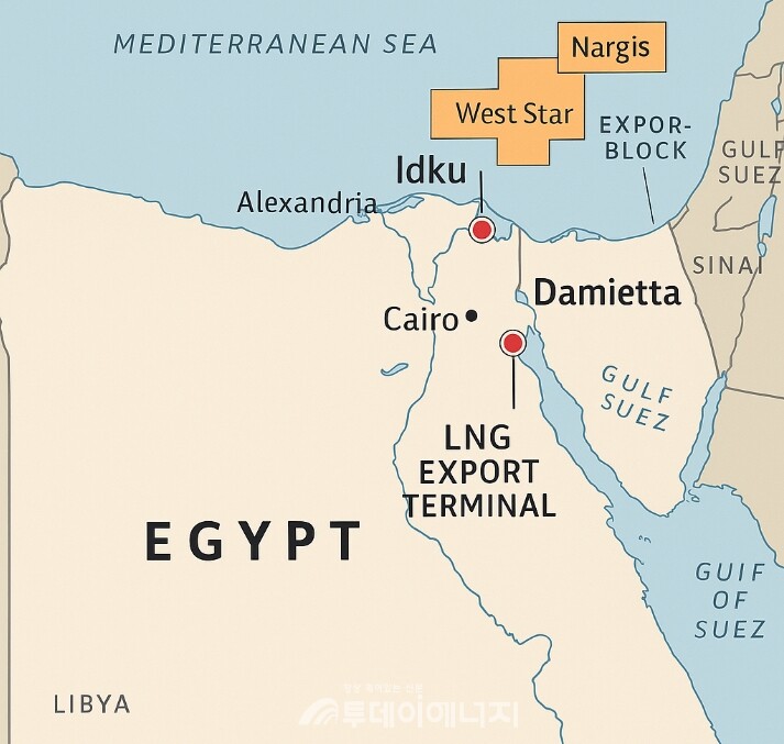 이집트 주요 LNG 수출 터미널 및 탐사 블록 지도