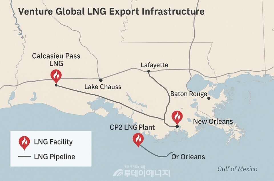 벤처글로벌, Calcasieu·Plaquemines·CP2 위치도 및 수출 인프라  지도