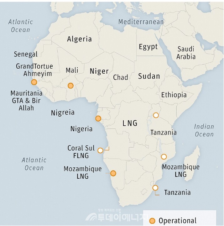 아프리카 주요 LNG 프로젝트 분포 지도