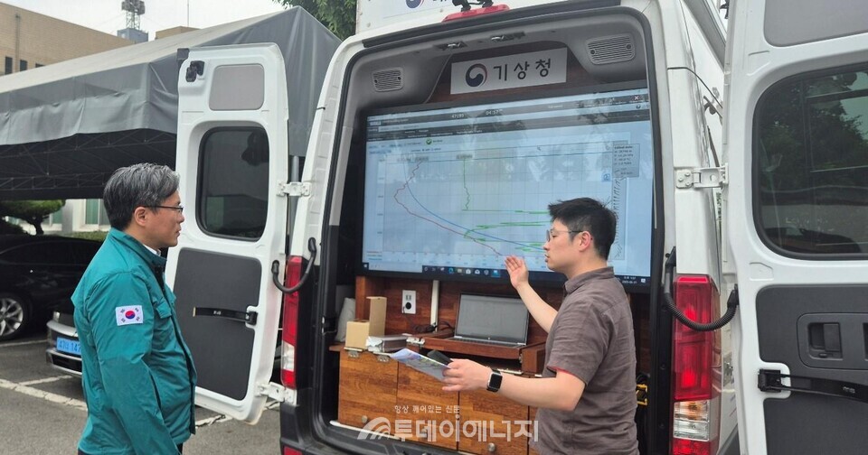 21일 대구 서구 염색산업단지에서 대기이동측정차량과 기상관측차량이 합동으로 산단 내 대기오염도를 측정, 결과를 공유하고 있다./ 대구지방환경청 제공