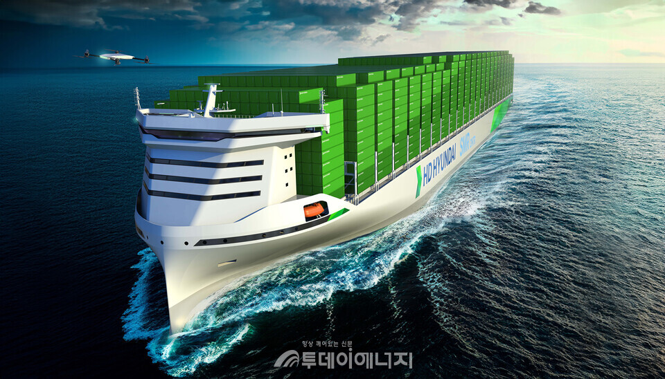 HD한국조선해양이 공개한 1만5000 TEU급 SMR 추진 컨테이너선의 조감도./HD현대 제공