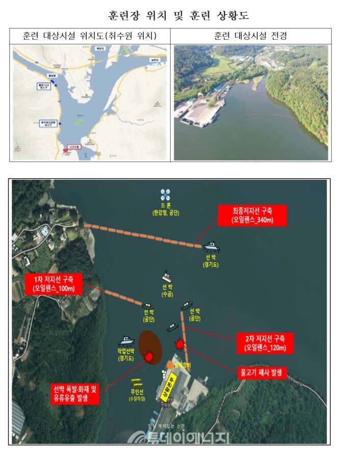환경부는 20일 경기 광주시 소재 팔당호 경기도수자원본부 선착장 일대에서 대규모 수질오염사고를 가정한 관계기관 합동 방제훈련을 실시했다고 밝혔다./ 환경부 제공
