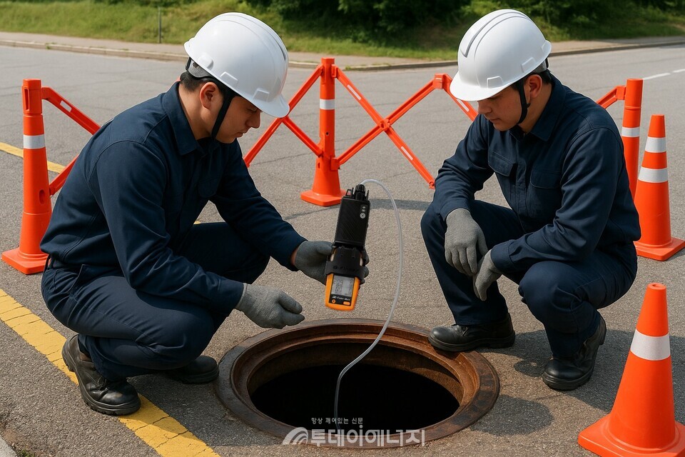 맨홀 작업에 앞서 2인 1조로 구성된 작업조가 휴대용 가스감지기(가스농도측정기) 흡입 기능을 활용해 가스를 감지하고 있다. /가스트론 제공