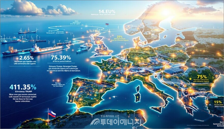 유럽 전역이 조명 효과와 전력망 네트워크로 강조되어 있으며, LNG 터미널, 파이프라인, 풍력단지 등이 아이콘과 그래픽으로 표시되어 있다.  예) 2.65%: 노르웨이산 가스 파이프라인 → LNG 터미널 연결 비율.  14.EU%: EU 전체 러시아산 가스 대체 수치(노르웨이, 미국, 알제리, 아제르바이잔 등으로 공급 다변화).  75.39%: 특정 지역 에너지 수입 관련 수치. 411.35%: 유럽 내 신규 LNG 허브 및 터미널 가동률 증가 수치. 75%: 노르웨이와 알제르바이잔 등 대체 공급국 의존율. 15%: 터키 인근 지역에서의 신규 가스 유입 비율