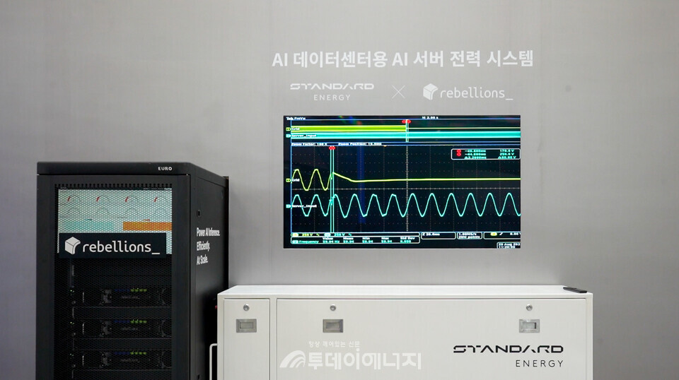 스탠다드에너지와 리벨리온이 함께 실증한 AI 전력 인프라 솔루션 시연. 그리드망 전력(위쪽 형광색 곡선)이 차단되자 3ms(0.003초) 이내에 VIB ESS에서 전력이 공급되어 AI 서버랙에 인입되는 전력의 주파수가 거의 변동이 없음을 알 수 있다. / 스탠다드에너지 제공