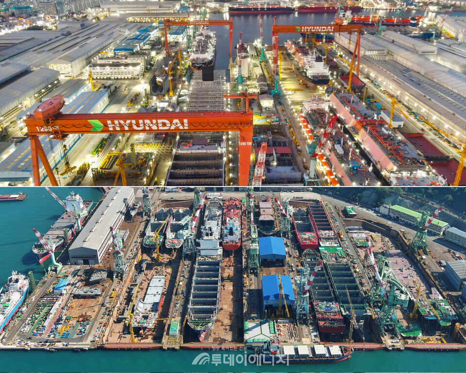 HD현대중공업(위)·HD현대미포(아래) 야드 전경