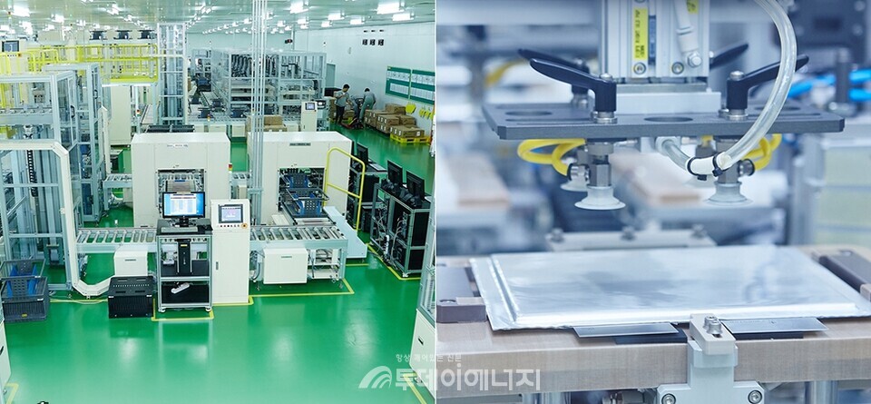 SK이노베이션 서산 공장의 배터리 생산라인(왼쪽)과 전기차 배터리 셀 생산 과정/출처 SK이노베이션